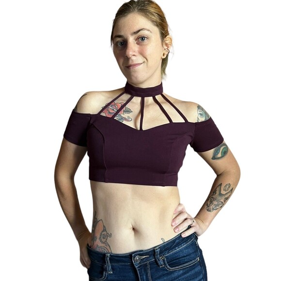 Charlotte Russe Harness Choker Crop Top Strappy Halter Shirt Medium M Purple - Picture 12 of 15